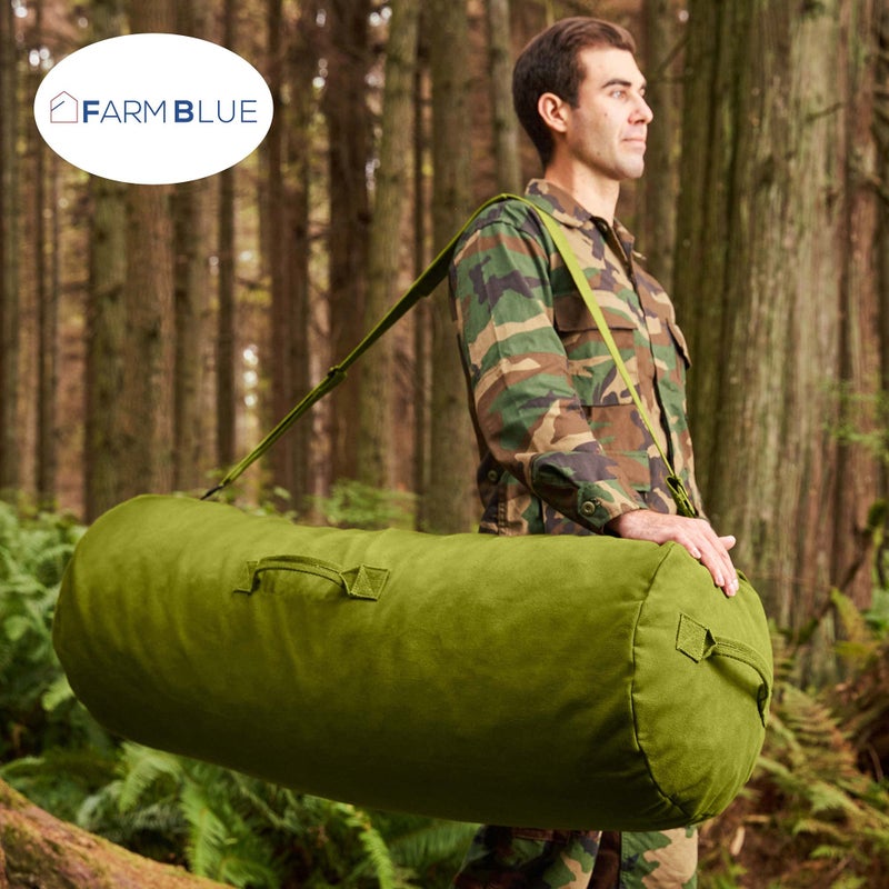 Farm Blue حقيبة دفل زيبير طراز جي آي الأزرق الثقيلة - حقائب دفل عسكرية من قماش القطن - حقيبة تخييم معززة - سحاب قوي ومقبض مركزي (زيتوني، كبير جداً) - Image 2